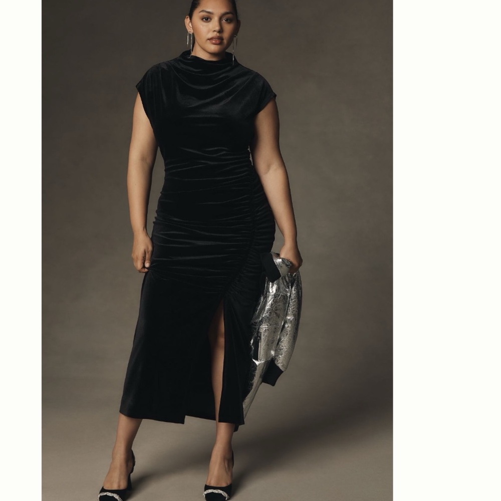 NWT Anthropologie The Maya Ruched Cowl-Neck Dress: Stretch Velvet Edition - Picture 5 of 13